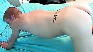 Skinny Gay Twink Solo Masturbation with Handjob on Blue Bed