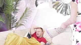 Busty Granny Sucks Cock on Couch Before Rough Doggy Style Penetration