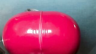Plump Blonde Sucks Cock in Tight Red PVC Suit with Huge Tits