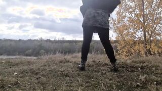 Long hooters Old beauty play outside into forest