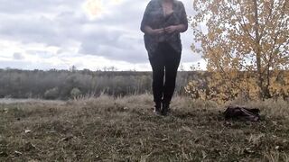 Long hooters Old beauty play outside into forest