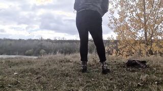 Long hooters Old beauty play outside into forest