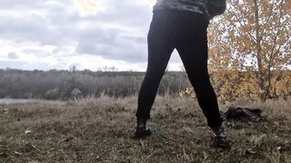 Long hooters Old beauty play outside into forest