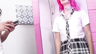 Pink-Haired Gamer Girl Sucks Cock While Pounding Her Juicy Pussy