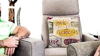 Mika Tan Sucks Tattooed Boss Dick On Couch