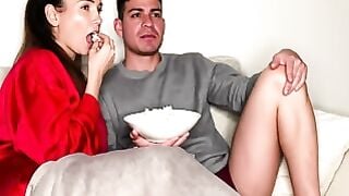 Blonde in Red Robe Gets Double Penetrated on Couch While Watching Sex Tape