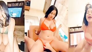 Desi Bhabhi Rides Big Dildo Then Sucks Cock Rough in Green Bra