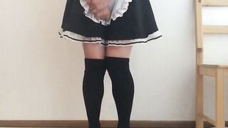 Japanese Maid Cosplay Pissing Herself in Black Thigh Highs