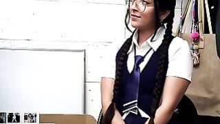 Petite Geek Girl Deepthroats Officer After Shoplifting Bust
