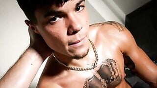 Oiled Tattooed Muscle Boy Flexes Ripped Abs For Massage Worship