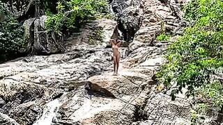 Asian Model Bella Fingered Hard On Rocky River Rocks