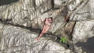 Asian Model Bella Fingered Hard On Rocky River Rocks