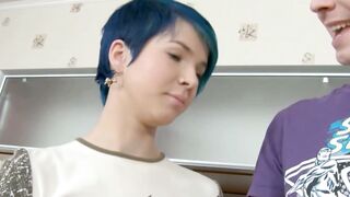 Blue Haired Piah K Deepthroats and Rides Dick on Striped Couch