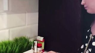 Brunette in Lingerie Sips Coffee Then Deepthroats Cock at Table