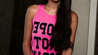 Amateur Brunette in Pink Top Gets Boned on White Bed