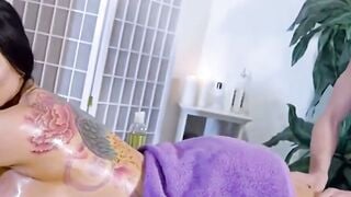 Abigail Mac Deepthroats Client on Oiled Massage Table