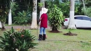 Amateur Gardener Double Teamed in Doggy Style Outdoor Sex