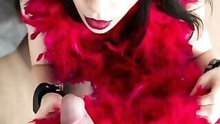 Dark Haired Showgirl in Red Corset Deepthroats Cock on Bed