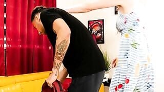 Short-Haired Blonde MILF Deepthroats Big Cock & Rides Dark Stud on Yellow Couch