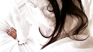 Russian Cougar Deepthroats Big Dick in Tight White Dress on Bed