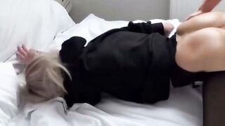 Blonde Step Daughter Deepthroats BBC In White Pantyhose On Bed
