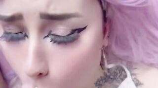 Pink Hair Cougar Deepthroats Thick Cock in Blue Plaid Panties