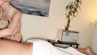 Blonde MILF Casca Akashova Sucks Cock in Neon Lingerie on Massage Table