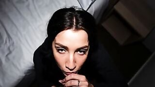 Dark-Haired Mom Deepthroats African Top on Bed