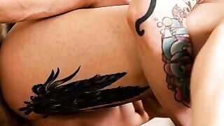 Tattooed Shemale Casey Kisses Deepthroats Big Cock in Office