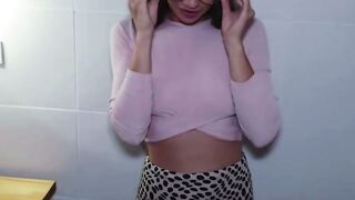 Glasses Girl Sucks Cock in Pink Top with Big Boobs