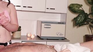 Brunette in Pink Bikini Deepthroats Older Man During Erotic Spa Massage