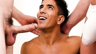 Young Latino Twink Deepthroats & Gets Pounded by Two Muscular Men