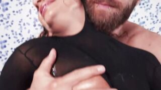 Brianna Deepthroats Big Cock Blindfolded in Blinged Ebony Bodysuit