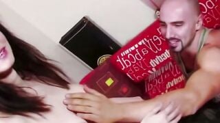 Petite Brunette in Green Romper Sucks Big Black Dick on Red Bed
