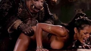 Massive Boar Man Roughly Fucks Nude Brunette Stripper on Tavern Table