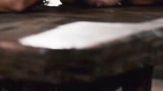 Massive Boar Man Roughly Fucks Nude Brunette Stripper on Tavern Table