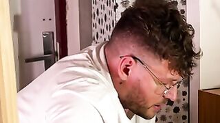 Blonde Ann Joy Deepthroats Glasses Man into Office Bedroom Cumshot