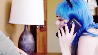 Blue-Haired Catgirl Jewelz Blu Blows Stepbrother's Dick and Takes Cum on Jugs