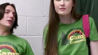 Dark haired Camp Counselor Athena Gets Blowbanged by Security Guards