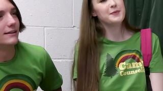 Dark haired Camp Counselor Athena Gets Blowbanged by Security Guards