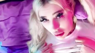 Blonde cougar With Snake Tattoo Blows Penis on Purple Bed