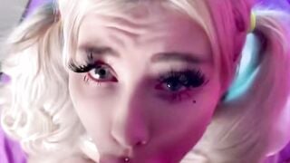 Blonde cougar With Snake Tattoo Blows Penis on Purple Bed
