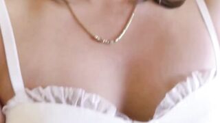 Blonde Goddess inside White Dress Blows Dick and Takes Deep Throat on Bed