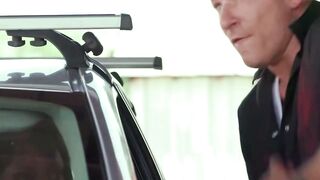 Dark haired Deepthroats Dick into Vehicle Then Riding It Rough