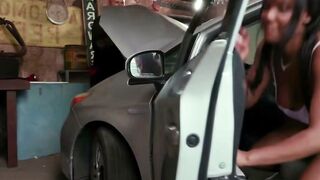 Dark haired Deepthroats Dick into Vehicle Then Riding It Rough