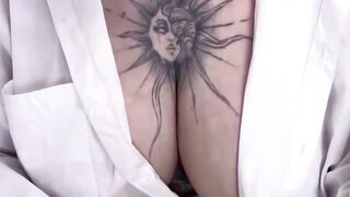 Inked Blonde milf Blows Penis inside White Shirt and African Stockings