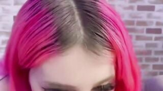 Pink Hair milf Deepthroats Penis on Couch