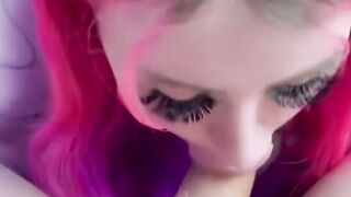 Pink Hair milf Deepthroats Penis on Couch