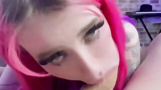 Pink Hair milf Deepthroats Penis on Couch