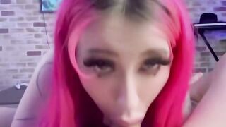 Pink Hair milf Deepthroats Penis on Couch